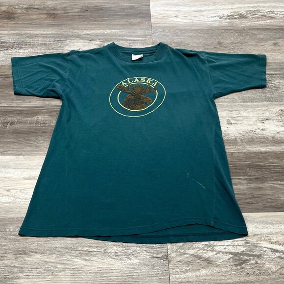 Vintage Sherry Alaska Moose Head Teal Brown Mens L Destination Graphic Retro Tee - Picture 2 of 8